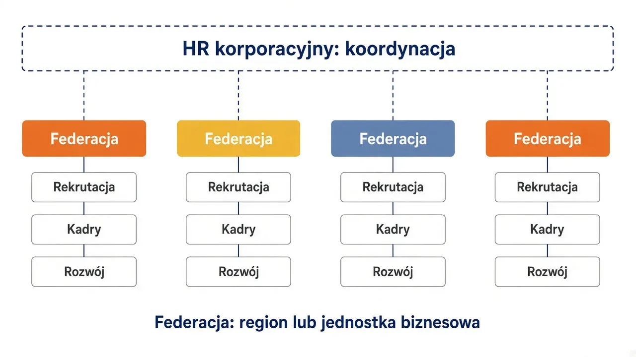 Model federacyjny HR: niezależne działy HR w jednostkach biznesowych koordynowane przez centralę