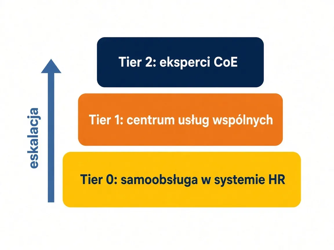 Poziomy wsparcia HR: Tier 0 samoobsługa, Tier 1 usługi wspólne, Tier 2 eksperci